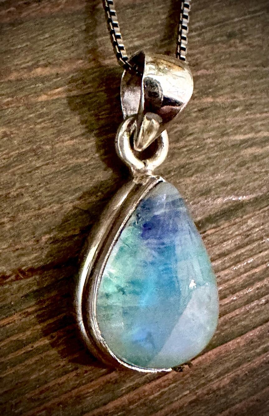 Rare! Green Rainbow Moonstone Teardrop Sterling Pendant